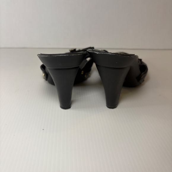 Vintage G By Guess Open Toe Mule/Heels Size 7.5M Leather Bow Gold Accents - Picture 7 of 16